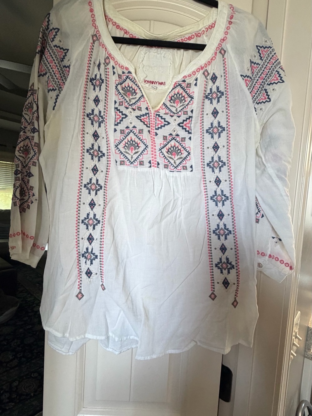 Johnny Was White Tunic with Pink and Navy Embroidery Accents